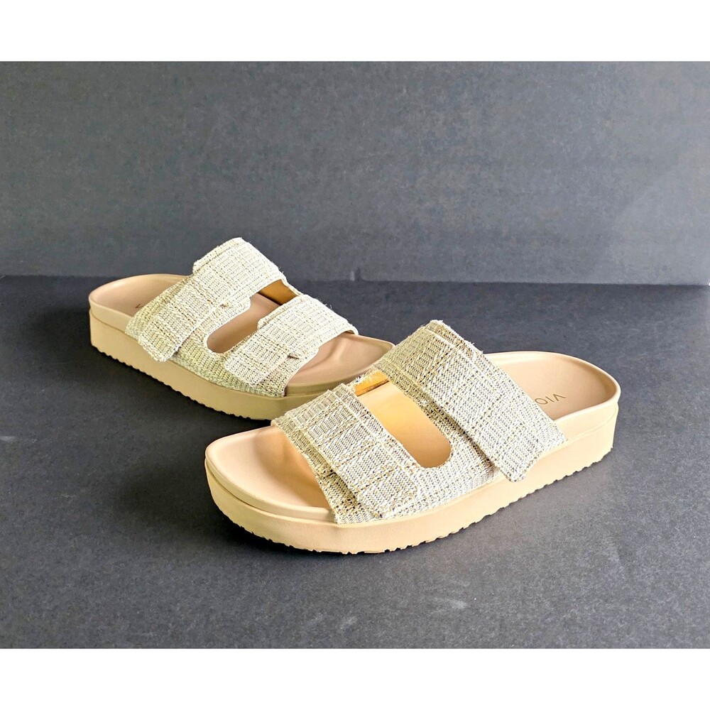 VIONIC Riviera Platform Sandals Cream Canvas Gold Slides 8.5 39 Wide Comfort